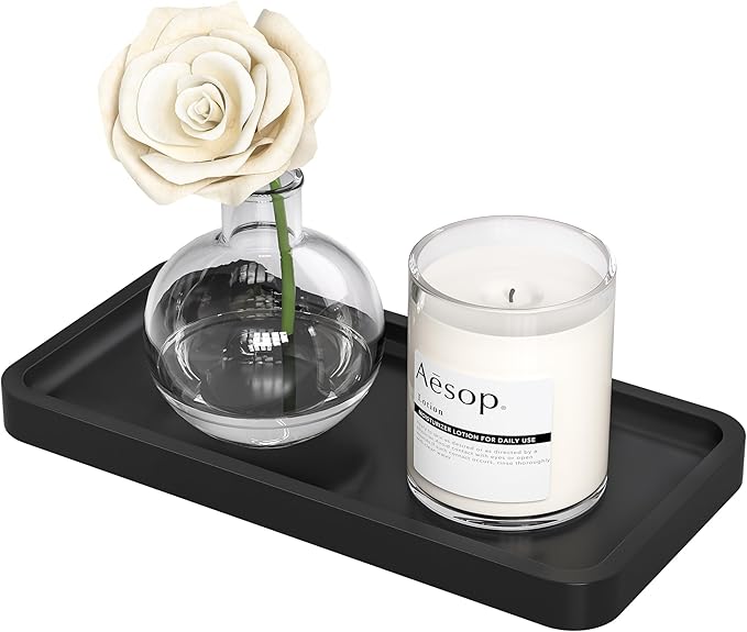 Weenson Small Bathroom Vanity Tray for Countertop Makeup Perfume Jewelry Decor Candle Keys, Small Black Kitchen Tray for Soap Dispenser Spice Bamboo Toilet Tray 7.9" L x 4" W x 0.79" H