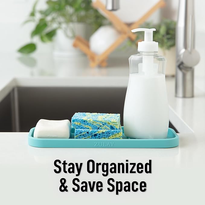 Zulay Kitchen (9x3.5) Silicone Sponge Holder for Kitchen Sink - Flexible Multipurpose Soap Tray Sponge Holder - Sink Organizer Tray for, Bathroom, Makeup, Trinkets & More (Aqua Sky)