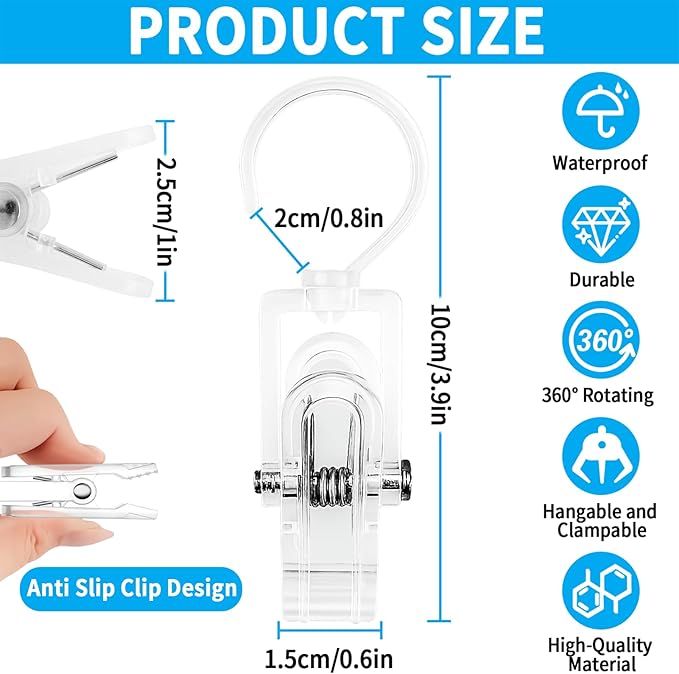 VinBee 20 PCS Laundry Hooks with Clips Super Strong Plastic Home Travel Swivel Hanging Hanger Closet Organizer Clamps Socks Boot Bras Towels for Bathroom Wardrobe Kitchen Office - 4.3 Inches (Clear)