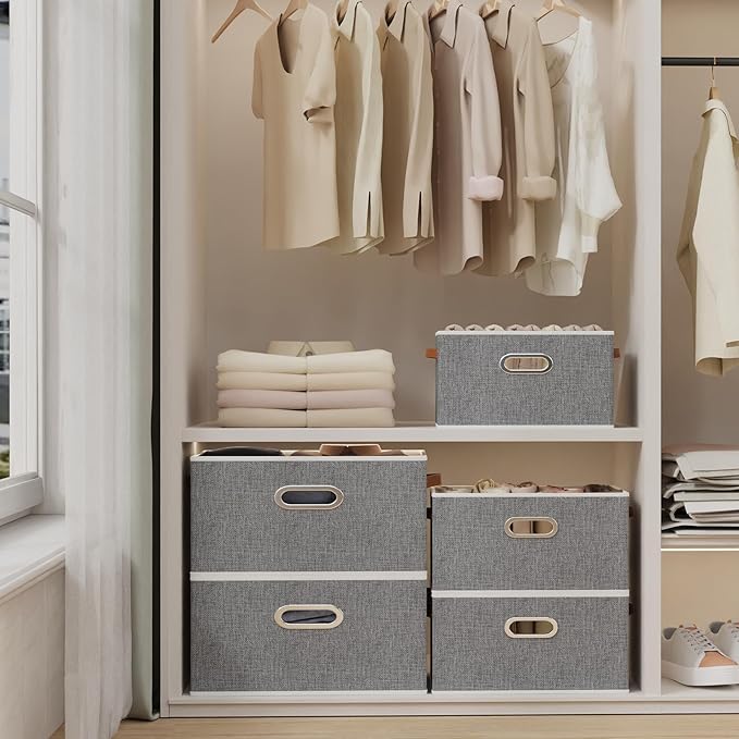 Yawinhe Foldable Storage Baskets for Shelves, Fabric Closet Organizers, Bins with 3 Handles, Cubes for Clothes, Grey, 15''Lx9.8''Wx8.3''H, 4-Pack