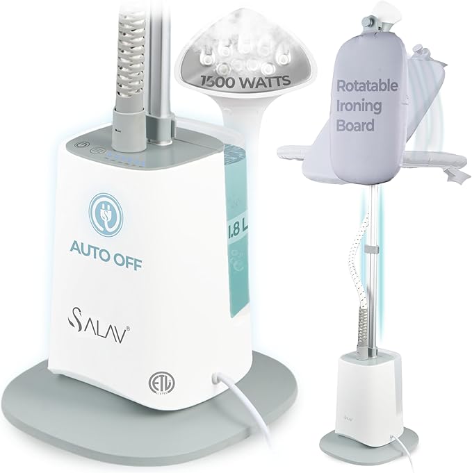 SALAV Standing Garment Steamer with Smart Auto-Off, Adjustable XL Comfort Board, 6 Steam Setting LED Display for Various Fabrics, Perfect for Families (Gray, Complete)