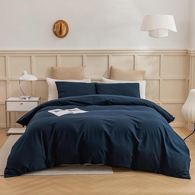ECOCOTT Navy Blue Duvet Cover King, 100% Washed Cotton 3 Piece Bedding Set 1 Duvet Cover with Zipper and 2 Pillowcases, Ultra Soft and Easy Care Breathable Duvet Cover (Navy Blue)