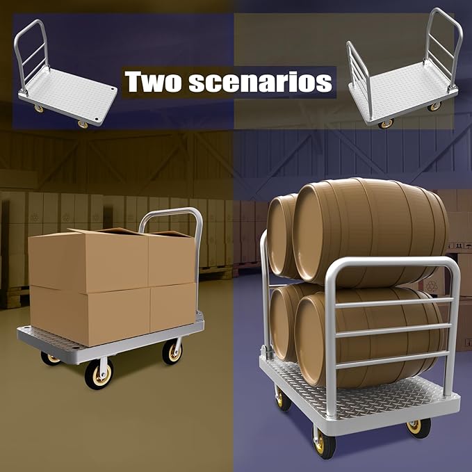 2IN1 48"×24" Platform Truck Cart 2650lbs Heavy Duty Flatbed Cart Dolly w/Detachable Rear Guardrail and Swivel Casters, Push Cart, Work Gloves 2Pairs & 1 Bunge Cord Included