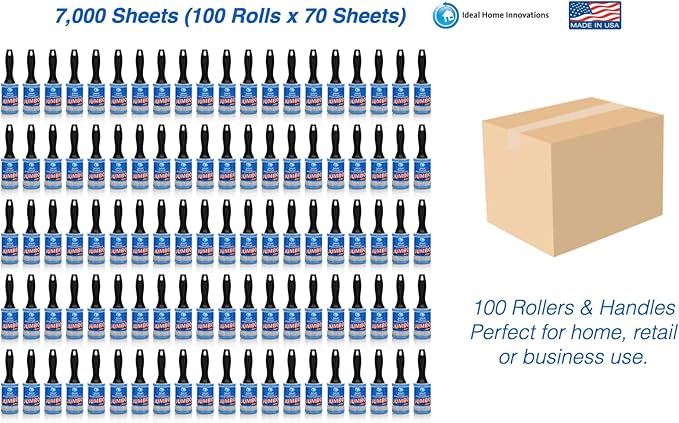 Jumbo Lint Rollers - Extra Sticky Pet Hair Remover for Clothes, Carpet, Furniture & Car - Dog/Cat Hair Lint Remover - 100 Rolls, 7000 Sheets - Easy Peel, Made in USA