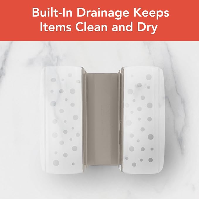 Spectrum Sink Saddle for Kitchen Sink Warm Gray Clear Sponge and Brush Holder Organizer, Dish Brush and Sponges Plastic Saddle Caddy for Double Sink Storage with Drain Holes for Quick Drying