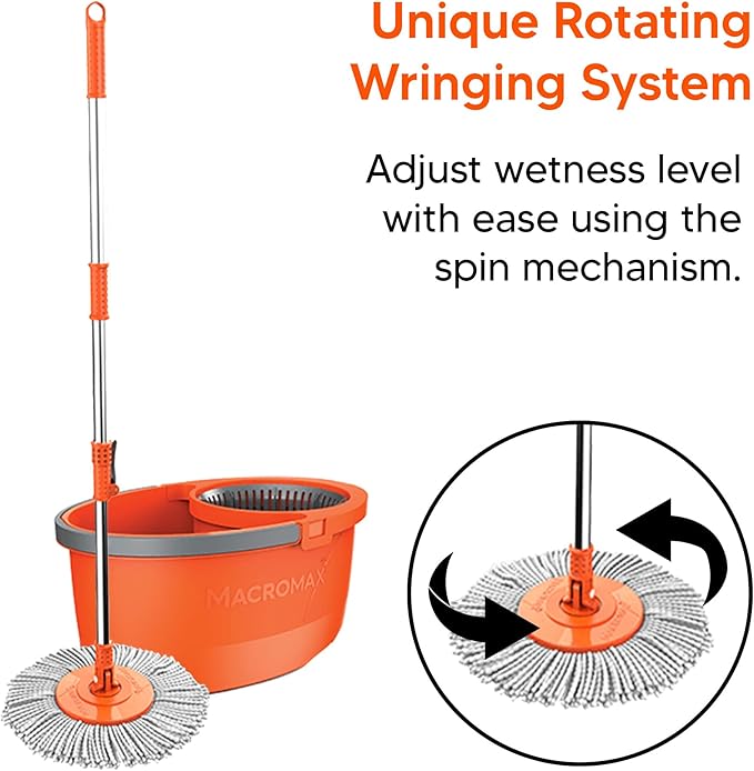 Macromax Faster Spin Mop and Bucket Set with 2 Refill– 360° Rotating Microfiber Mop with Smart Drying System – Adjustable Dampness – Ergonomic Handle – Multi-Surface Floor Cleaning Tool