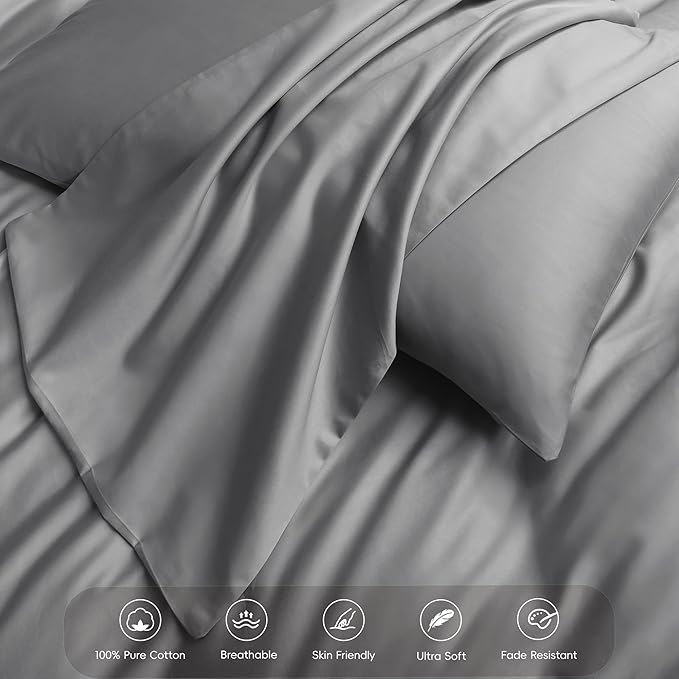 MooMee Duvet Cover Set 100% Extra Long Staple Cotton 600 Thread Count Silky Sateen Smooth Luxury Soft Breathable Durable Hotel Quality Bedding, 3 Pieces (Light Gray, King 104"x90")