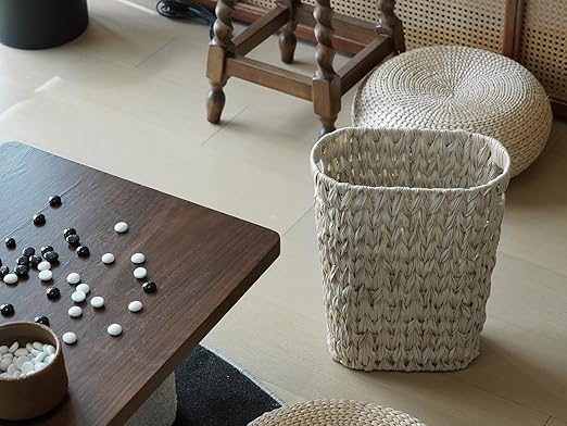 Wicker Trash Can,Bathroom Trash Can,Waterproof Wicker Waste Basket for Bathroom,Narrow Small Waste Basket for Bedroom,Office, Cream White 5 Gallon