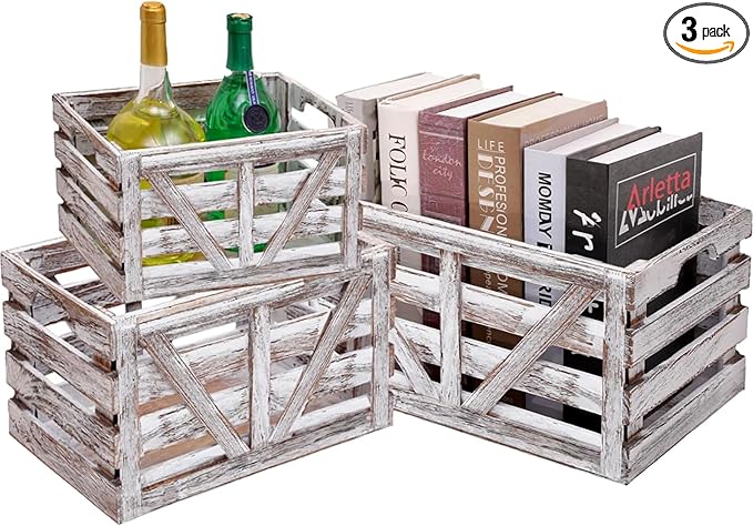 Storage Crate Nesting Wooden Crates with Handles,Set of 3 Rustic Farmhouse Decorative Wood Baskets for Storage,Display,Decor Boxes,(Large,Medium,Small)