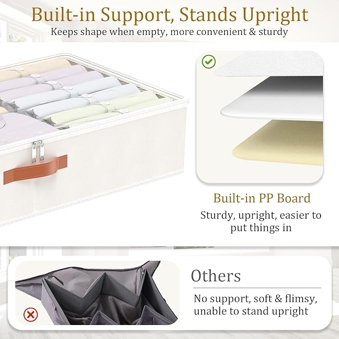 Yawinhe Under Bed Storage Containers, 2 Pack, Bin with Lids, Collapsible Closet Organizers, with Sorting Card Slot and 4 Leather Handles, for Blanket, Bedding, 31.5''Lx15.7''Wx6''H, Beige