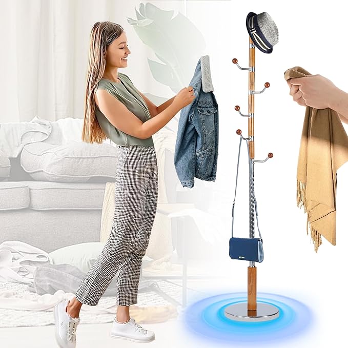 Wooden Coat Rack Stand, 72" Birch Coat Rack Freestanding, Adjustable Height, Coat Tree for Home Bedroom Office Hallway Entryway (Yellow swivel hook)