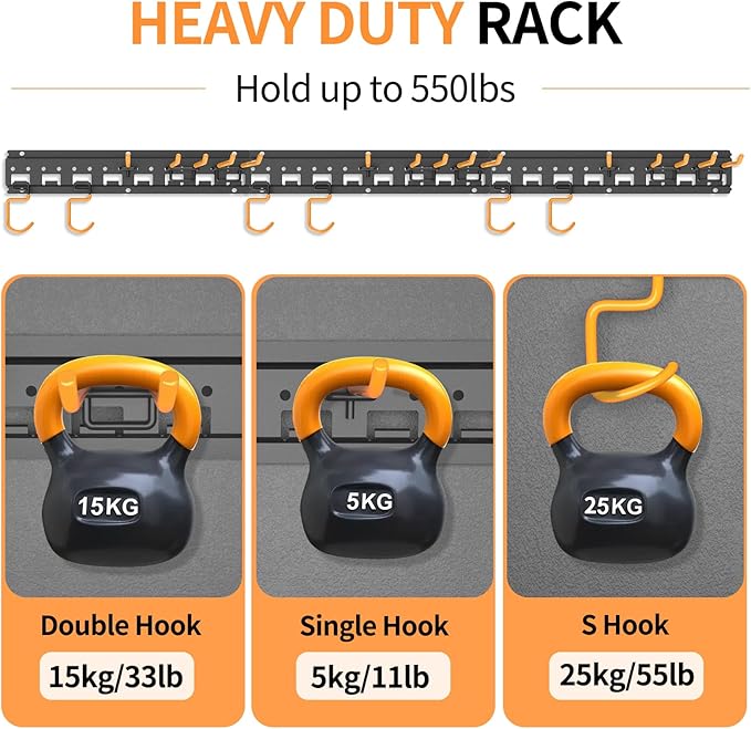 Garden Tool Organizer Wall Mount - Garage Storage and Organization Yard Tool Hanger with Adjustable Pegboard Hooks Shed Rack for Broom Mop Shovel Rake Trimmers, 48 inch Max 550lbs, Black