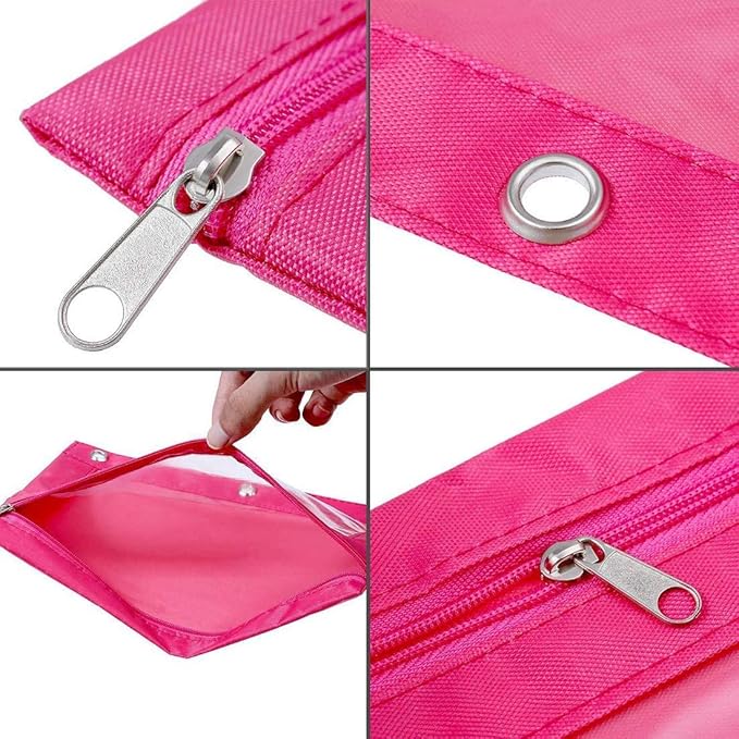 Zippered Pen Pencil Binder Pouch 3 Rings with Clear Window for School Classroom Organizers 8 Pcs (Rose red)