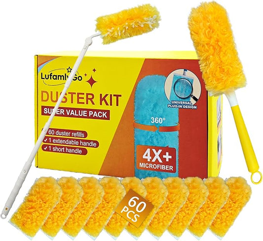 Thickened 60ct 360° Heavy Duty Duster Refills Kit for Swiffer Duster, 4X Dust Capture Power, Multisurface Disposable Dusters for Cleaning Home & Office, 1 3ft Extended & 1 Short Handle