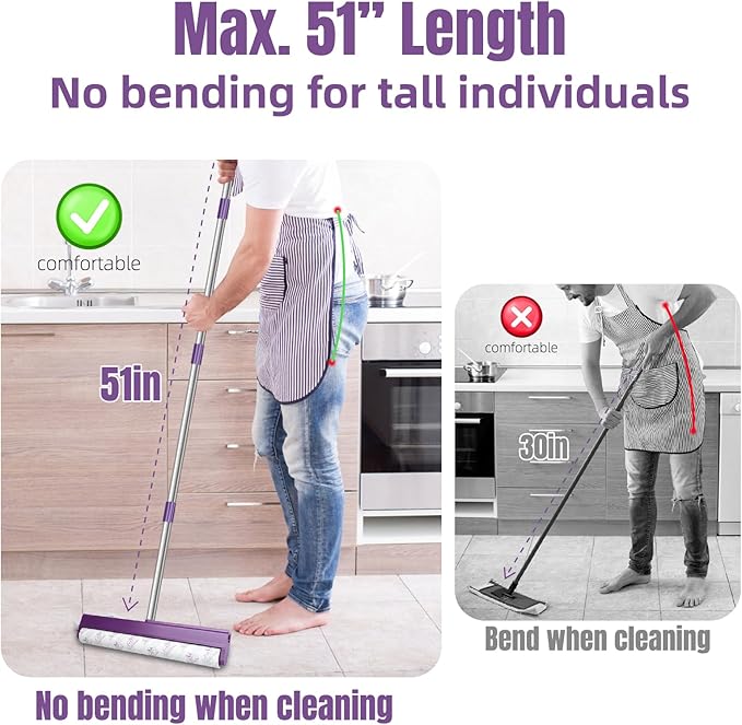 Large Lint Rollers for Carpet, Sticky Rollers for Floor RLOW 15.75 in with 3 Extra Sticky,Long Handle Sticky Mop for Cleaning Carpets, Pet Hair, Cars, Clothing