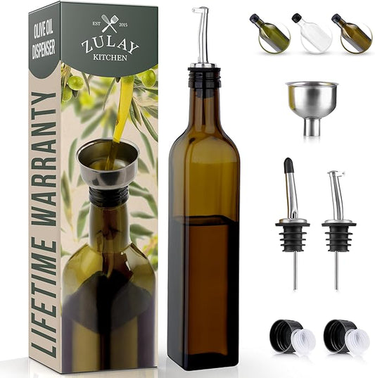 Zulay Kitchen Olive Oil Dispenser Bottle – 17oz Glass Oil Container with Spout, Funnel & Pourer – Dark Brown
