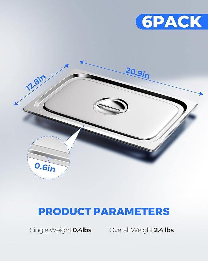 WantJoin Steam Table Hotel Pan Lids - 6 Pack 1/1 1/2 1/3 Full Half Third Size Notched Slotted Cover with Handle for Stainless Steel Metal Tray Set Food Storage Container Commercial Restaurant Warmer