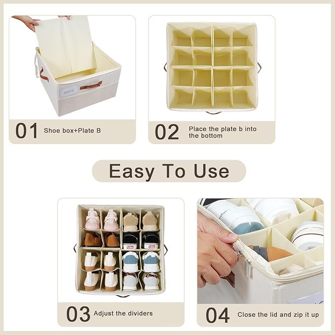 Shoe Organizer for Closet, Shoe Storage Box, Foldable Shoe Box with Adjustable Dividers and Clear Cover, Closet Shoe Organizer Fits up to 16 Pairs, 1-Pack, Extra Storage Pocket for Socks