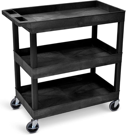 Tubstr 3-Tier Rolling Utility Cart with Wheels | Supports 300 lbs. Total | Heavy-Duty Capacity for Garage Storage, Office Spaces, & Kitchen Use | Durable Tool Cart with Locking Wheels (Black, 32 x 18)