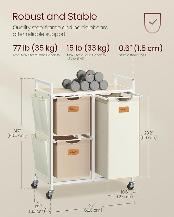 VASAGLE Laundry Hamper with 3 Compartments, 26.4 Gal. (100 L) Laundry Sorter, Rolling Laundry Cart with Shelves, Small Side Pockets, 6 Labels, Natural Beige, Camel Brown and Cream White UBLH202N01