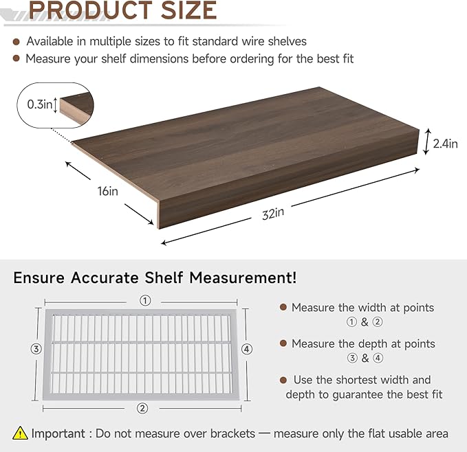 Wooden Wire Shelf Covers for Pantry & Closet – Wire Rack Covers for Shelves, Durable Wood Shelf Covers for Kitchen, Laundry Room, Storage Organization(Walnut,32in*16in)