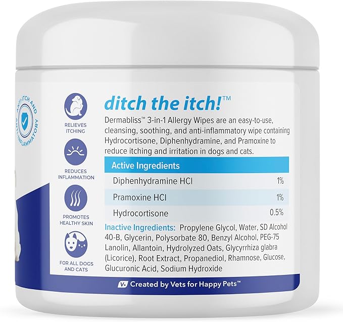 Vetnique Dermabliss 3-in-1 Medicated Dog Wipes - Relief for Itchy Skin, Allergies & Odor Control, Gentle No-Sting Formula, Antihistamine & Hydrocortisone Paw Wipes for Dogs & Cats 50 Count