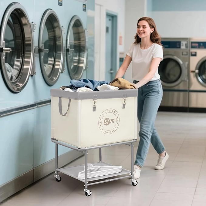 STORAGE MANIAC Rolling Laundry Cart with Storage Shelf, Heavy Duty Industrial Laundry Basket with Wheels, Commercial Metal Frame Clothes Hamper with Canvas Bag for Dorm, Closet, Bedroom, Beige