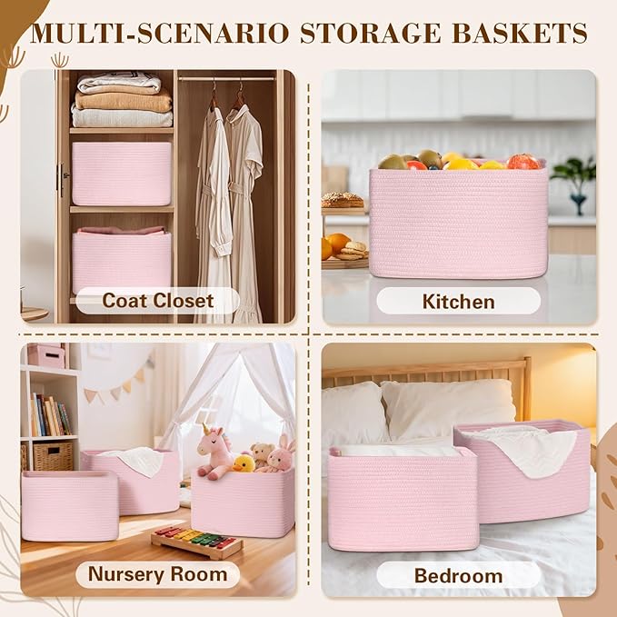 Woven Storage Baskets, Pink Baskets for Organizing, 3 Pack Woven Basket for Storage, Decorative Storage Bins Baskets for Shelves, Towel, Toy, Book, Closet, Baby 14.96"×9.8"×8.85"