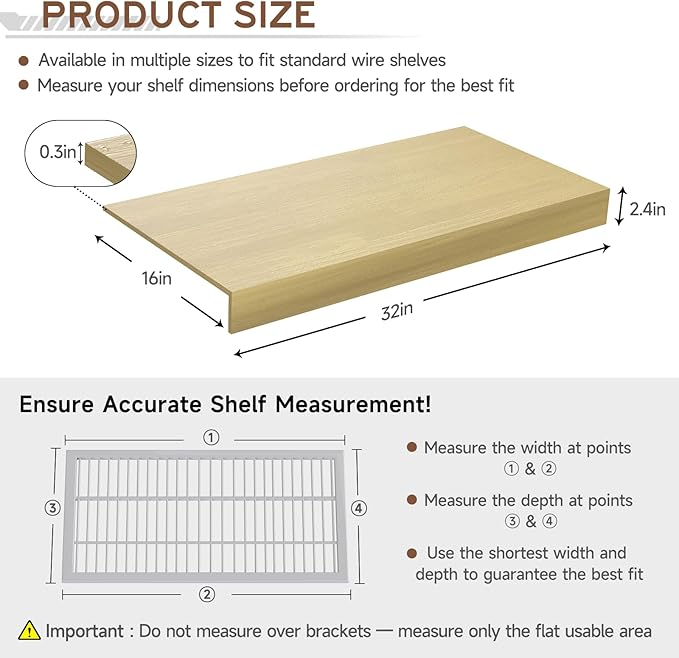 Wooden Wire Shelf Covers for Pantry & Closet – Wire Rack Covers for Shelves, Durable Wood Shelf Covers for Kitchen, Laundry Room, Storage Organization(Yellow Oak,32in*16in)