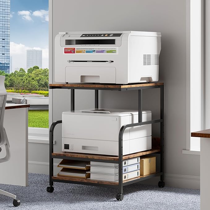 Warmiehomy 24x24 inches Printer Stand with Adjustable Storage Shelf - Large Printer Table with Wheels - 3 Tier Rolling Cart - Use for 3D Laser Printer Mini Fridge Home Office (Brown)