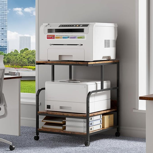 Warmiehomy 24x24 inches Printer Stand with Adjustable Storage Shelf - Large Printer Table with Wheels - 3 Tier Rolling Cart - Use for 3D Laser Printer Mini Fridge Home Office (Brown)