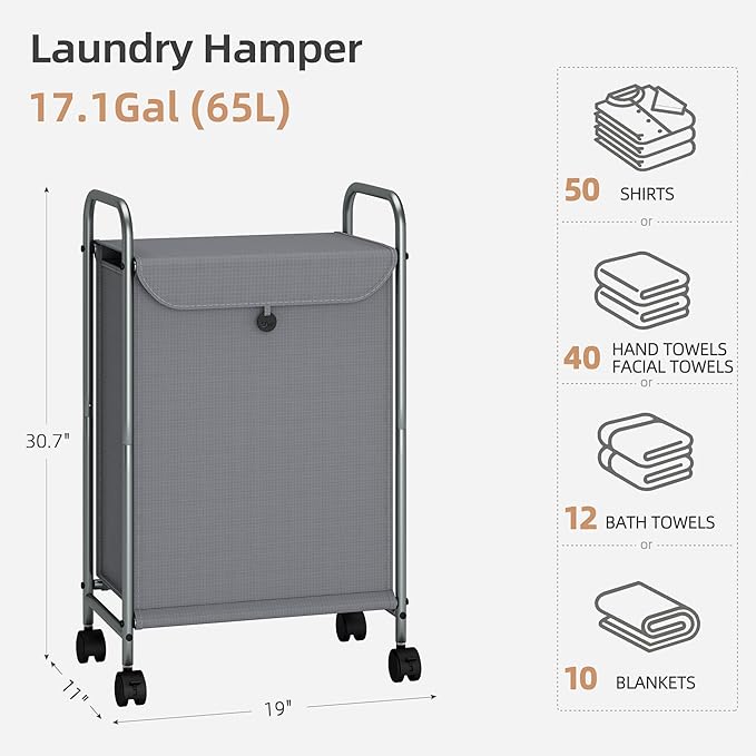 STORAGE MANIAC Rolling Laundry Hamper, Laundry Basket with Lockable Wheels, Clothes Sorter Cart, Small Clothes Separator Hamper for Closet, Bathroom, Laundrys Room, 1 Section Gray