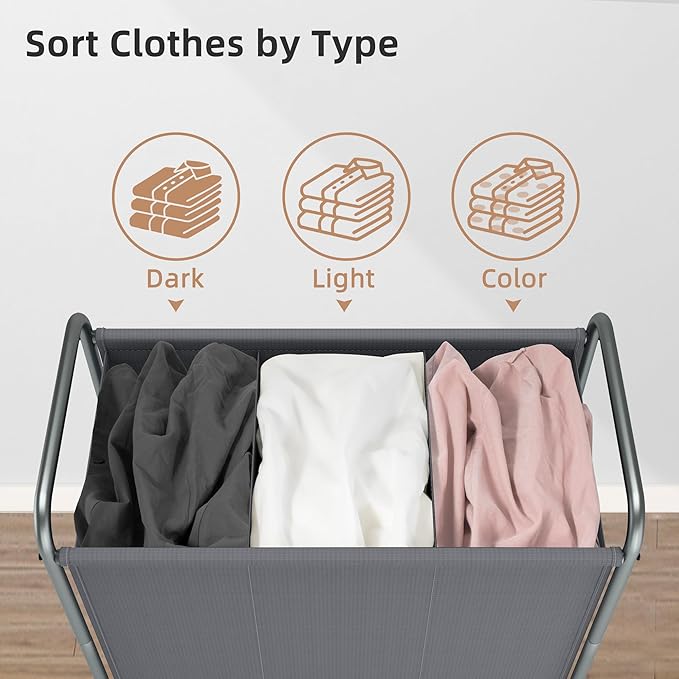 STORAGE MANIAC Rolling Laundry Hamper, 165L Laundry Basket with Lockable Wheels, Triple Clothes Sorter Cart, 3 Bag Clothes Separator Hamper for Closet, Bathroom, Laundrys Room, 3 Section Gray