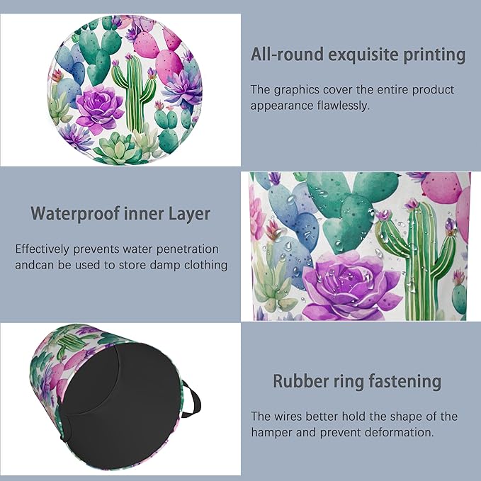 Cactus Succulents Laundry Basket,Foldable Oxford Cloth Tote Bag Laundry Hamper Clothes Storage Bucket Organizer for Bedroom Laundry Storage Dormitories 16" x 20.8"