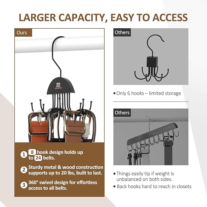 ZEDODIER 2 Pack Belt Hanger Rotatable Belt Organizer, Space Saving Belt Rack with 16 Adjustable Hooks for Closet Organizers and Storage, Sturdy Belt Holder Storage, Black