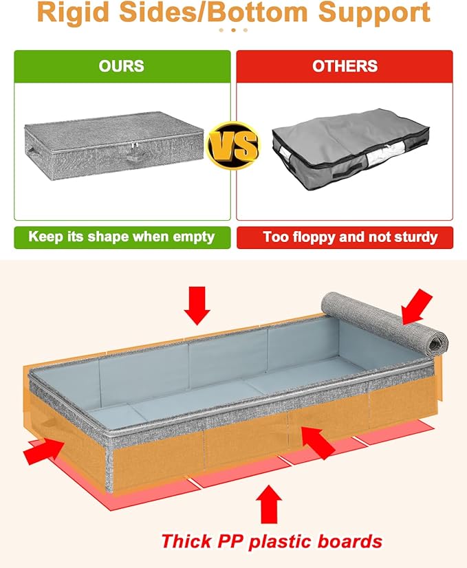 Under Bed Storage, 2 Pack Underbed Storage Container Bags With Lid, Foldable Sturdy Clothes Storage Drawer Organizer W/ 3 Handles, Ultra Thick Fabric Blanket Shoe Storage Box, 30x15x6.7inch, Grey