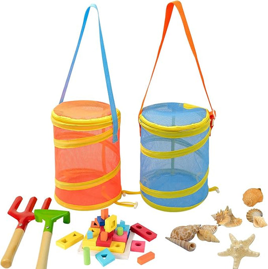 2Pcs Foldable Toy Storage Bag, Large Capacity Sea Shell Bags for Beach (10.5L/2.77Gallon), Portable Toy Storage Bag with Zipper and Strap(Orange and Blue), Storage Bucket for Sandbox