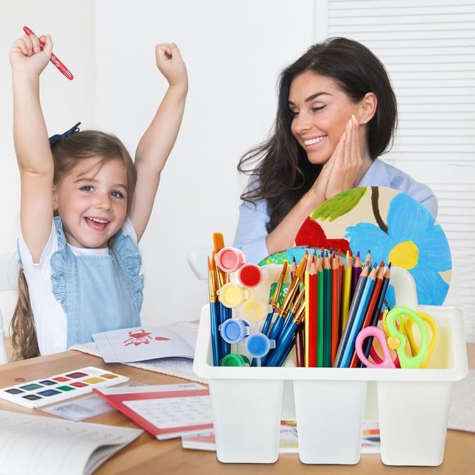 WILLBOND 12 Pcs Classroom Storage Caddies Stackable Utility Caddies with 4 Compartment Plastic Caddy with Handle Portable Storage Bins Organizers for Kids Schools Art Craft Supplies(White)