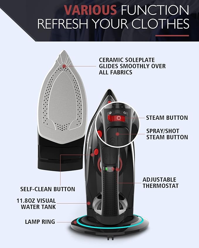Cordless Iron for Clothes, 1500W Steam Iron with Non-Stick Ceramic Soleplate, Auto Shut Off, Self-Clean, Burst of Steam, Anti-calc, 3 Temperature Settings, 11.84oz Water Tank, Black