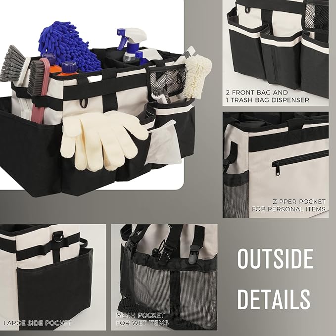 Wearable Cleaning Caddy, Cleaning Caddy Supplies Organizer with Handle & Shoulder Straps for Housekeepers, Under Sink & Car Cleaning Tool Organizers Bag with 4 Foldable Divider (Beige)