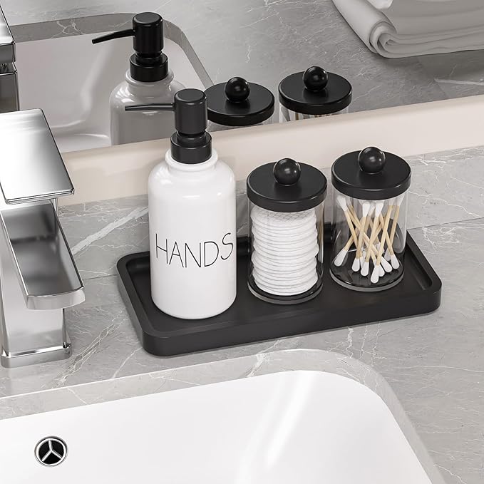 Weenson Small Bathroom Vanity Tray for Countertop Makeup Perfume Jewelry Decor Candle Keys, Small Black Kitchen Tray for Soap Dispenser Spice Bamboo Toilet Tray 7.9" L x 4" W x 0.79" H