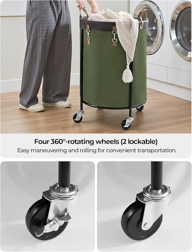 StorageWorks 170L Rolling Laundry Basket, Clothes Hamper with Wheels, Round Clothing Cart with Steel Frame and Removable Bag, 4 Casters and 2 Brakes, Green, 1-Pack