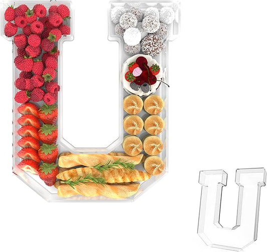 11" Acrylic Letter Charcuterie Tray, Charcuterie Letters Fillable Box for Food, Reusable Serving Cake Candy Dish Display Tray for Birthday Anniversary Party Decoration (Letter U)