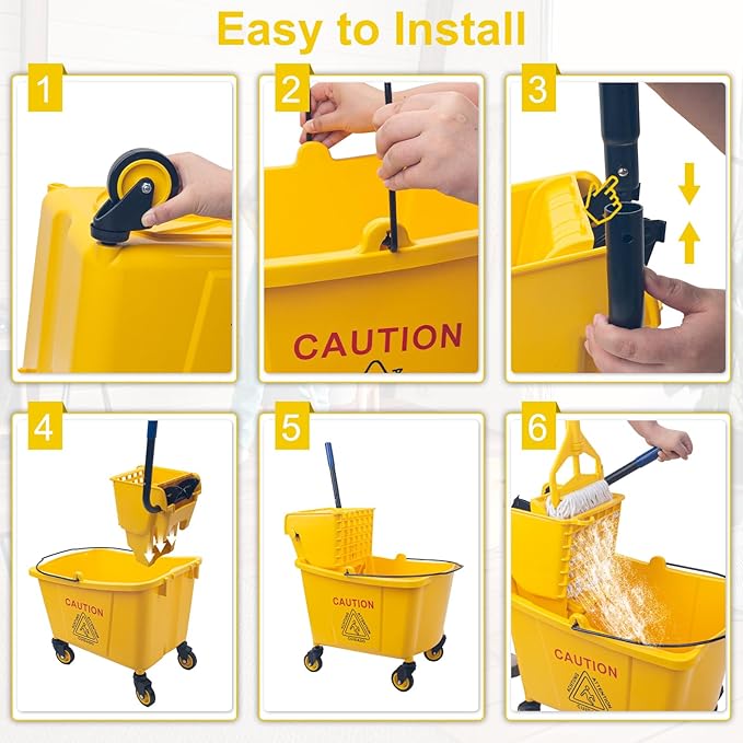 KeFanta 35 Quart Commercial Mop Bucket with Side Press Wringer on Wheels,Yellow,Include Heavy Duty Industrial Mop for Floor Cleaning,Household,Business,Restaurants and Janitorial Use