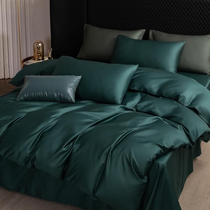 MooMee Duvet Cover Set 100% Extra Long Staple Cotton 600 Thread Count Silky Sateen Smooth Luxury Soft Breathable Durable Hotel Quality Bedding, 3 Pieces (Teal Green, King 104"x90")