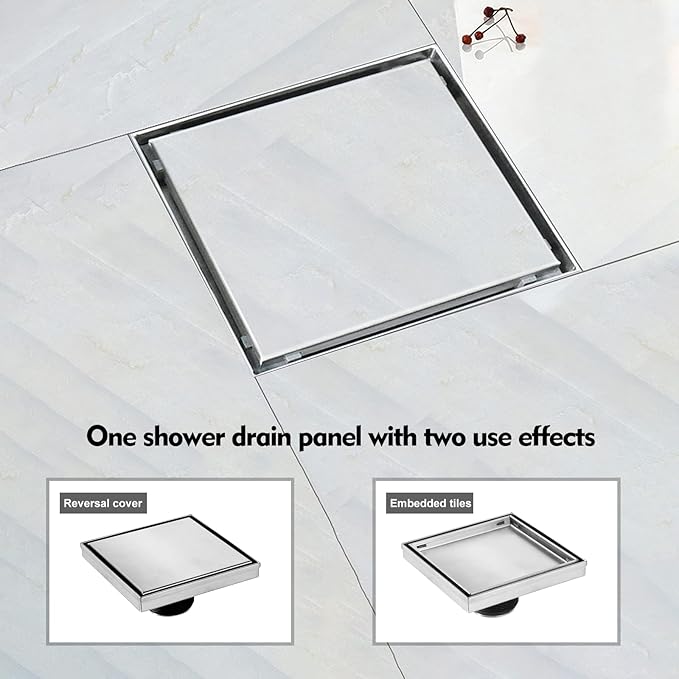 Square Shower Drain, Shower Drain 4 inch with 2 in 1 Tile-Insert Cover, Brushed AISI 304 Stainless Steel Shower Floor Drain with Hair Catcher