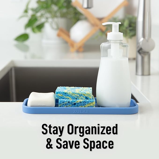 Zulay Kitchen (9x3.5) Silicone Sponge Holder for Kitchen Sink - Flexible Multipurpose Soap Tray Sponge Holder - Sink Organizer Tray for, Bathroom, Makeup, Trinkets & More (Provence Blue)