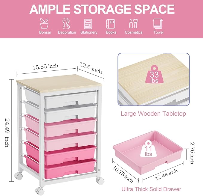 Utility Cart With 6 Drawers and Wooden Tabletop, Storage Cart on Wheels for Office, Classroom, Bathroom, Bedroom - Pink