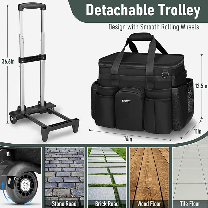 Ytonet Cleaning Caddy with Wheels, Large Rolling Cleaning Caddy Bag with Detachable Trolley for Housekeepers, Water Resistant Cleaner Supplies Organizer with Wheels for Kitchen, Car, Tool Organizer