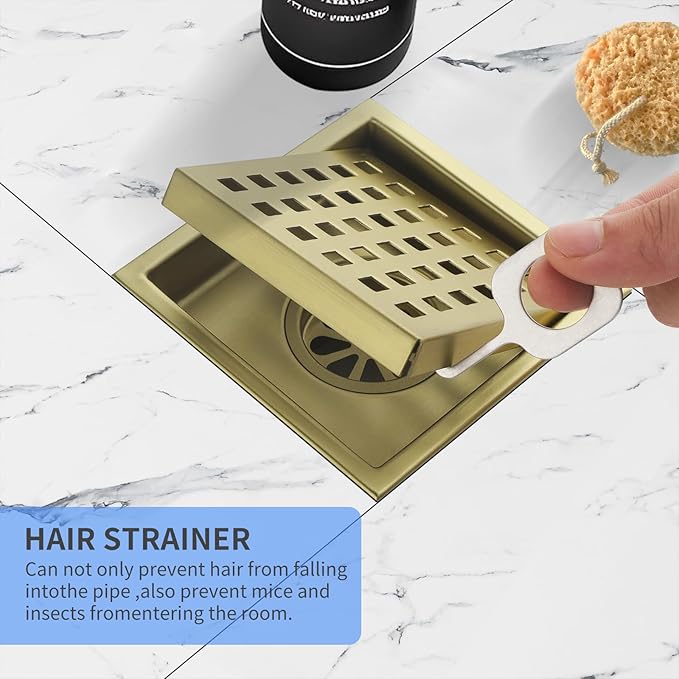 Square Shower Drain 4-Inch with ABS Flange, Brushed Gold, Removable Grille,Bathroom Stainless Steel Shower Floor Drain
